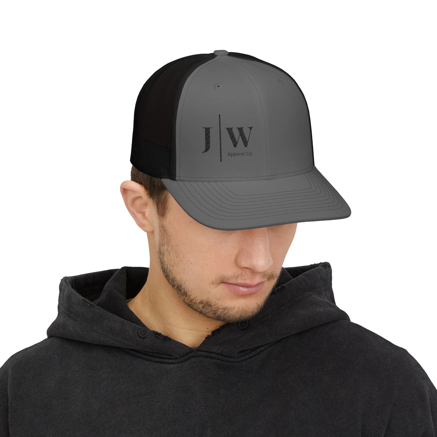 Embroidered Trucker Snapback Cap — JW Apparel Logo Mesh Hat